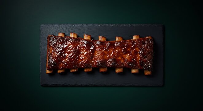 Overhead Shot of Delicious BBQ Pork Ribs on Dark Slate Plate
