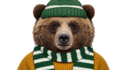 Isolated Bear in winter clothes, wearing a hat and scarf