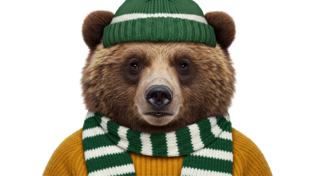 Isolated Bear in winter clothes, wearing a hat and scarf