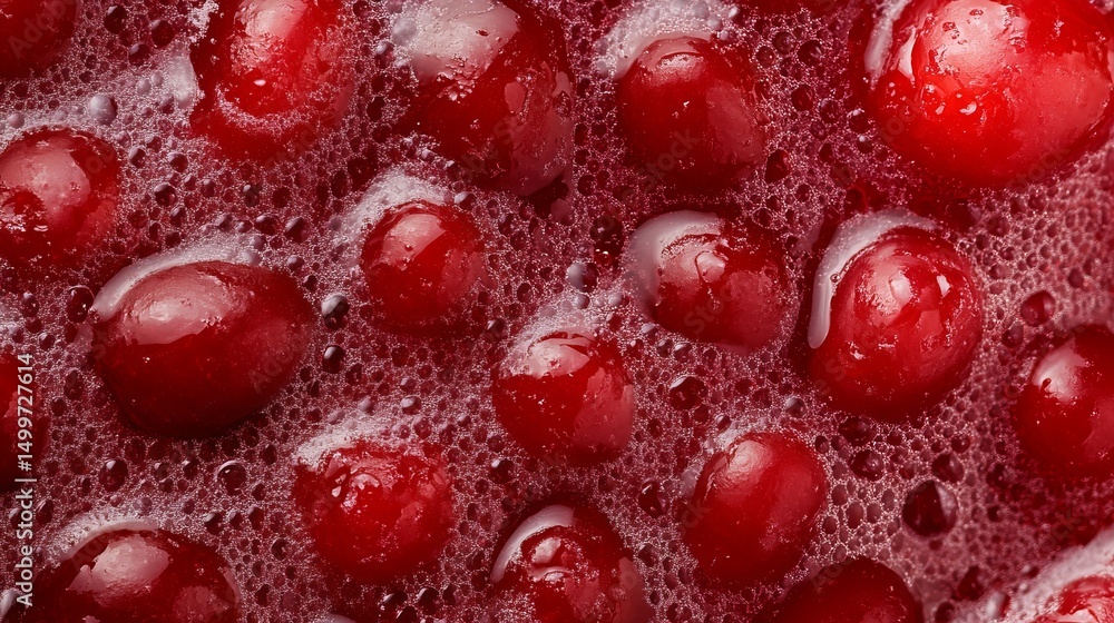 Poster cranberries appear submerged in bubbling liquid with white foam and a shiny red surface.