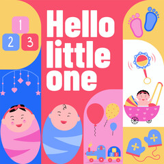 Baby Shower invitation card design. Babies elements, clothes, balloons, toys and decoration. New born baby party vector template. Trendy minimal style.