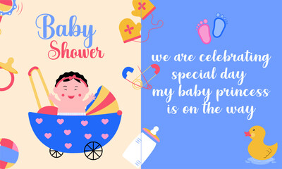 Baby Shower invitation card design. Babies elements, clothes, balloons, toys and decoration. Little princess arrival party vector template.