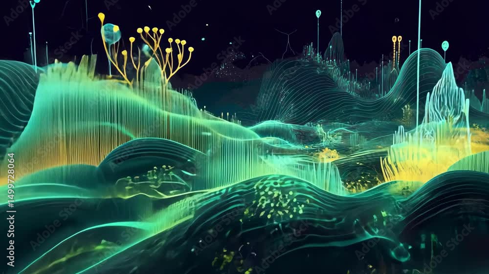 Poster abstract vibrant landscape with glowing structures and flowing lines on dark background