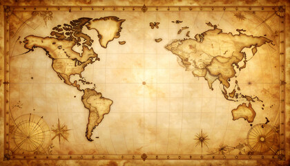 Antique World Map Aged Parchment, Vintage Travel Illustration