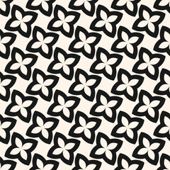 Simple vector floral geometric ornament. Abstract minimal seamless pattern with small flower silhouettes, leaves, repeat tiles. Black and white background. Elegant monochrome floral texture design