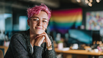  LGBTQ+ employee at modern tech workspace

