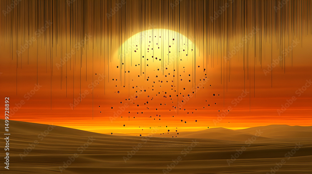 Poster abstract sunset over desert landscape with falling geometric shapes, creating a surreal and atmosphe