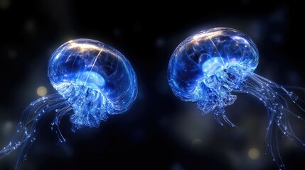 Obraz premium Two glowing jellyfish, translucent blue, against a dark background with bokeh