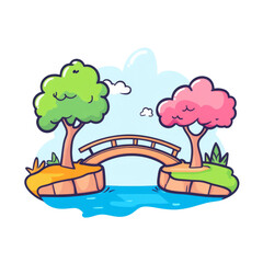 Colorful bridge connecting two vibrant landscapes with green and pink trees, creating serene and cheerful atmosphere