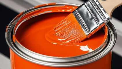 Orange paint with brush, can, and closeup.
