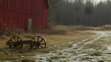 Rustic Charm: A Red Barn and Antique Wheels in a Whispering Autumn Landscape