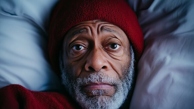 Elderly man lies in bed looking directly at the camera with a concerned expression and wearing a red beanie.