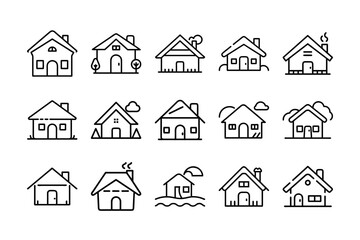 Cottage with Tree Outline Vector svg outline icon set