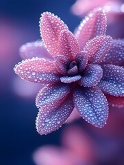 Fototapeta premium Dew-kissed pink succulent flower with plump, rounded leaves, showcasing vibrant color and intricate detail against a blurred, deep blue background