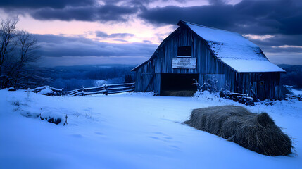 Winter's Embrace: A serene countryside scene with snow-covered barn and landscape