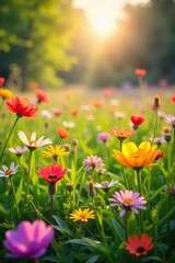 Fototapeta premium Vibrant wildflowers in full bloom, bathed in the warm sunlight of springtime A lush meadow bursting with color and life, signifying renewal and growth , ecology, bloom