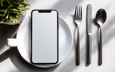 Smartphone on a place setting, ready for use