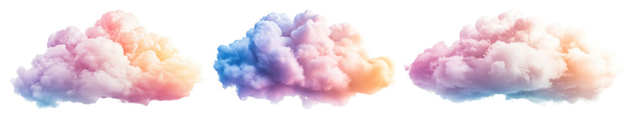 Fototapeta premium PNG Three pastel-colored fluffy clouds on a transparent background element set on transparent background.