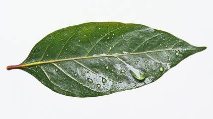 Close-up of a single green leaf, water droplets
