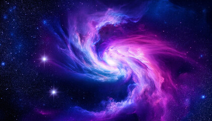 Ultra deep space background, glowing nebula with vivid purple, blue and pink colors, swirling galaxy center, sparkling stars and cosmic dust, high contrast, sci-fi atmosphere, photorealistic style.