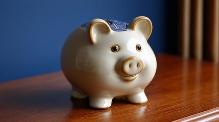 Cute piggy bank sits on a wooden surface.  A cheerful ceramic pig with a slot for coins.  Ideal for saving money