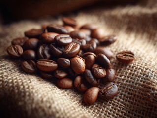 Fototapeta premium Roasted Coffee Beans on Burlap Fabric