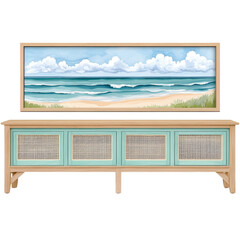 Fototapeta premium Stylish wooden cabinet with beach themed wall art above it, featuring serene ocean waves and clouds. cabinet has light wood