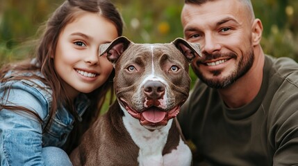 Family poses outdoors with their brown and white pitbull dog, showing happy expressions and natural lighting.