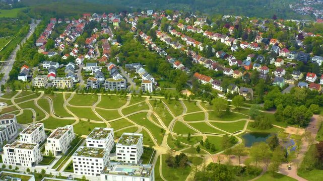 Aerial panoramic view around the city Stuttgart Killesberg in Germany on a sunny spring day