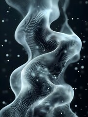 Naklejka premium Abstract swirling digital particles forming a luminous, ethereal column against a dark background, interspersed with bokeh
