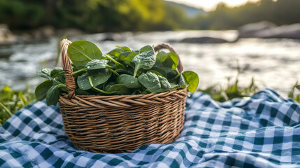 Fresh spinach in a wicker basket displayed on a picnic blanket near river