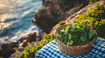Fresh Spinach Basket Overlooking the Sea, A Healthy Lifestyle Choice, Outdoor Setting