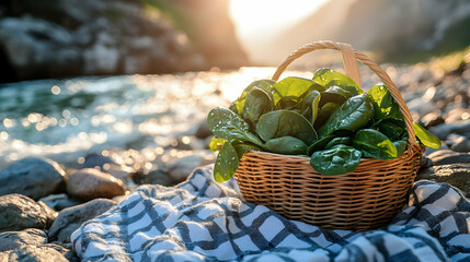Fresh spinach in a basket by the river, bathed in golden sunlight ambiance