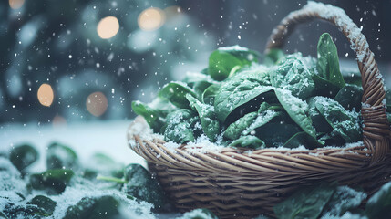 Winter Harvest: Fresh spinach in a wicker basket covered in snow sparkles