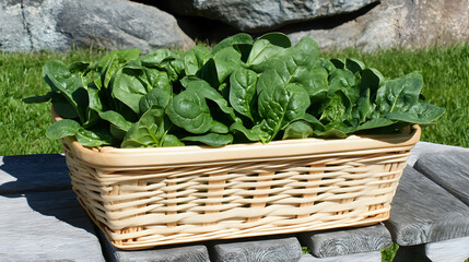 Freshly Harvested Spinach Basket Displayed on Wooden Surface in Outdoor Setting