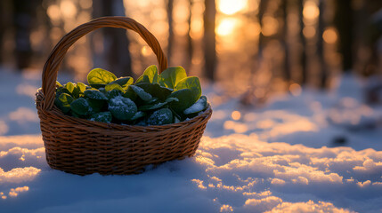 Winter Forage: Fresh Greens Harvested in a Basket Amidst Snowy Landscape