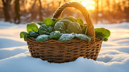 Winter Harvest: Basket of Fresh Spinach in Snowy Landscape Bathed in Sunlight