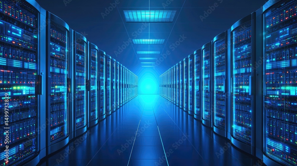 Poster Futuristic data center with illuminated symmetric server racks and radiant blue light at the end of the aisle; perfect for AI systems, cloud computing, and IT infrastructure visuals