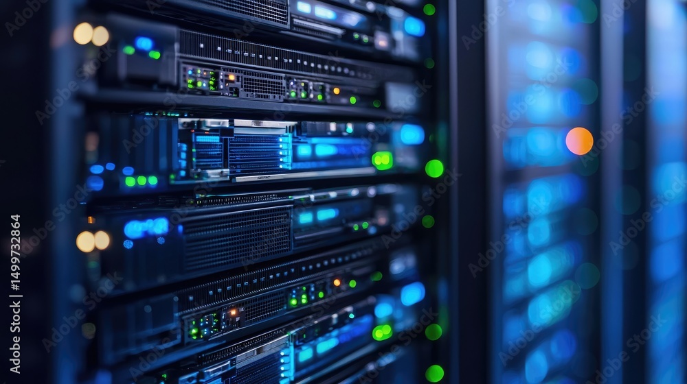 Poster Close-up of active server hardware with green, blue, and orange LED lights in a high-tech data center; ideal for network technology, storage solutions, and IT system visuals