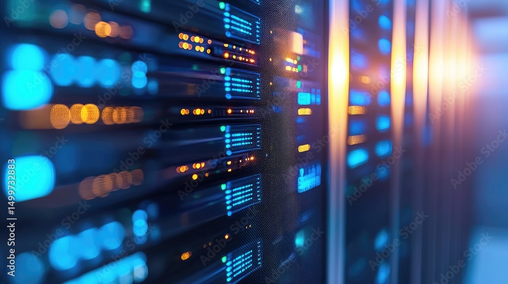 Poster Macro view of illuminated data center servers with vivid blue and orange LED lights and soft reflections; ideal for cloud systems, network security, and futuristic tech visuals