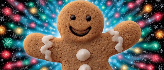 Festive smiling gingerbread man with snowflake background
