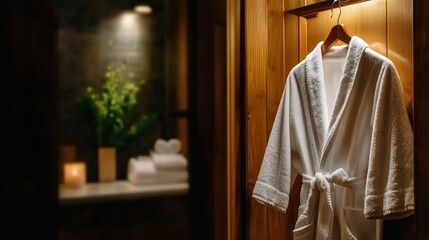 Cozy White Bathrobe Hanging in a Warm, Inviting Bathroom With Soft Lighting and Natural Elements