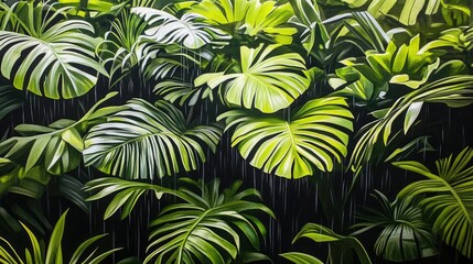 Fototapeta premium Lush tropical foliage, vibrant green leaves, rain falling