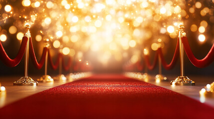 A glamorous red carpet setting with shining lights and elegant ropes, perfect for events.