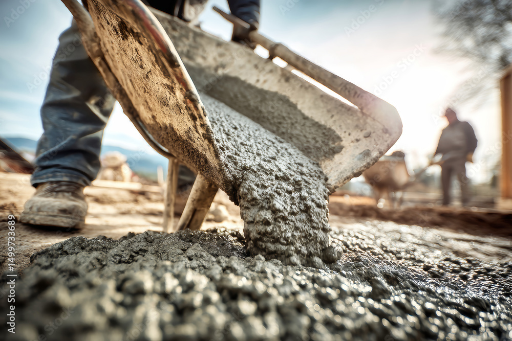 Aufkleber close-up view of cement pouring with a worker transporting concrete in a wheelbarrow at a constructi
