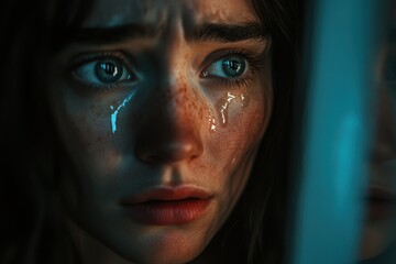 Emotional close-up of a young woman with tears in her eyes