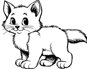 Adorable cartoon kitten, standing, looking to the side, simple line drawing