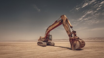 Minimalist wide shot of a single excavator in an endless desert   solitude and machinery