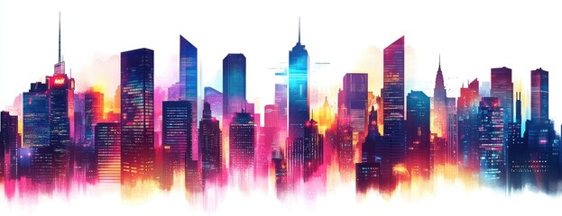 Vibrant city skyline, stylized with colorful, hazy effect