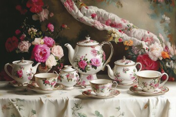 Fototapeta premium Floral teaware arrangement still life on a white background